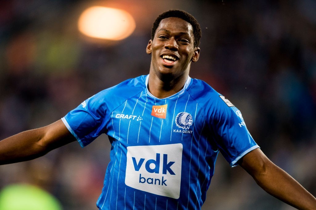 Gent's Jonathan David celebrates after scoring during a soccer match between KAA Gent and KV Oostende, Sunday 18 August 2019 in Gent, on the fourth...