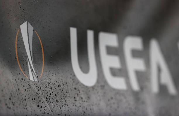 UEFA branding is seen prior to the UEFA Europa League round of 32 first leg match between Olympiacos FC and Arsenal FC at Karaiskakis Stadium on Fe...