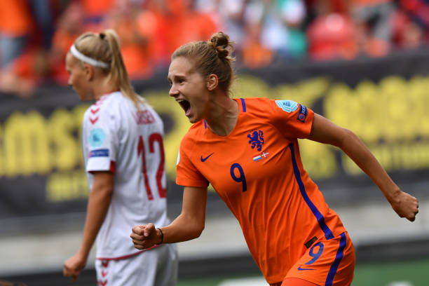 Netherlands' forward Vivianne Miedema celebrates after scoring a goal during the UEFA Womens Euro 2017 football tournament final match between Neth...