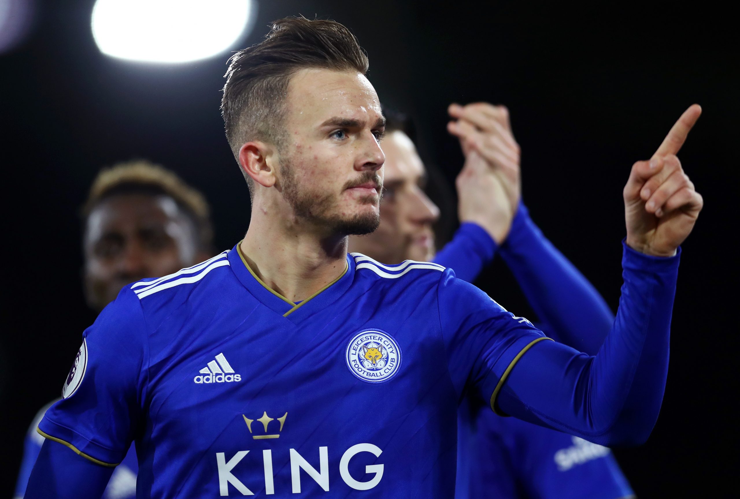 LONDON, ENGLAND - DECEMBER 05: James Maddison of Leicester City celebrates after scoring his team's first goal during the Premier League match betw...