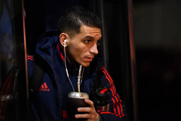BOURNEMOUTH, ENGLAND - JANUARY 27: Lucas Torreira of Arsenal arrives at the stadium prior to the FA Cup Fourth Round match between AFC Bournemouth ...