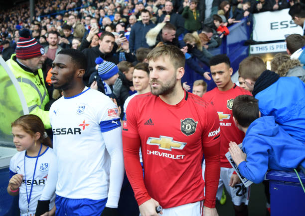 BIRKENHEAD, ENGLAND - JANUARY 26: Luke Shaw of Manchester United makes his way out during the FA Cup Fourth Round match between Tranmere Rovers and...