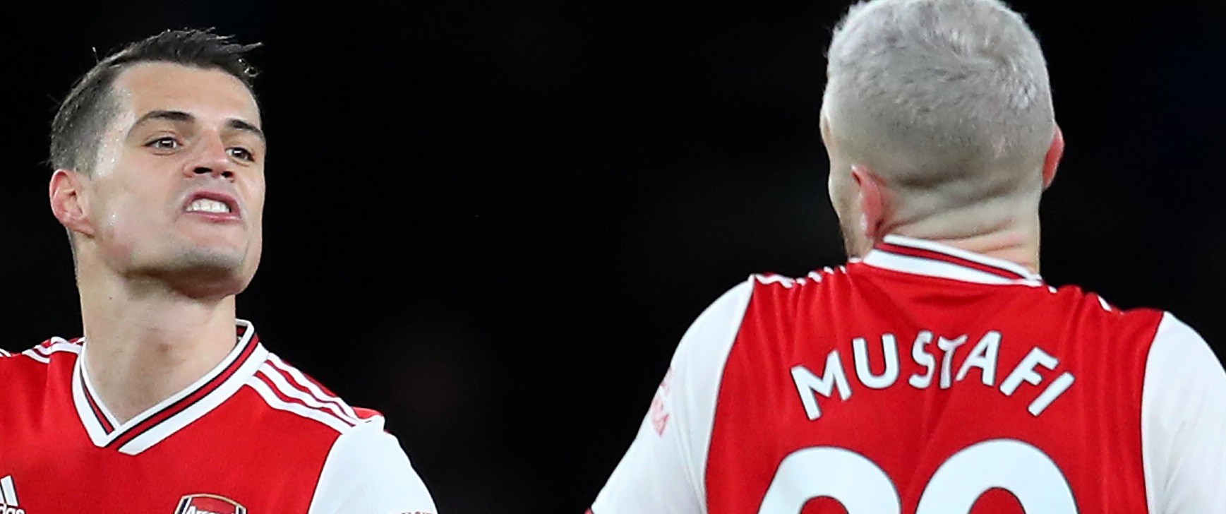 Xhaka and Mustafi appear to have argument before Arteta appears 2 LONDON, ENGLAND - FEBRUARY 23: Granit Xhaka and Shkodran Mustafi of Arsenal in conversation at full-time during the Premier League match between Arsenal FC and Everton FC at Emirates Stadium on February 23, 2020 in London, United Kingdom. (Photo by Catherine Ivill/Getty Images)