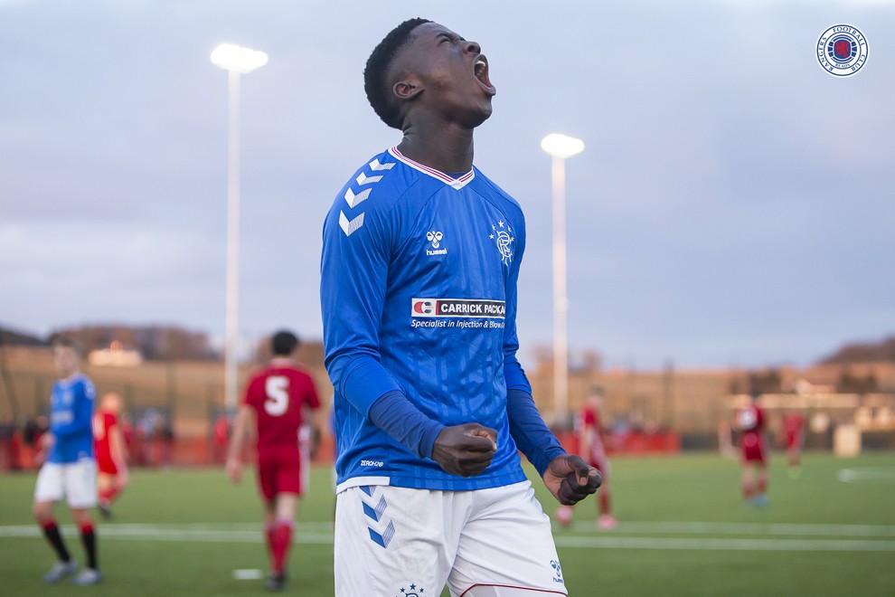 Malcolm Ebiowei celebrating scoring for the Rangers u18s (Photo via Rangers.co.uk)