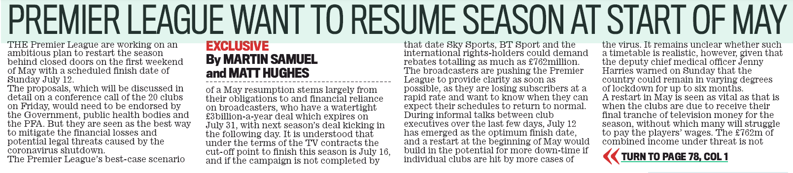 Premier League want to return at end of May behind closed doors 3 200331 daily mail premier league restart start of may