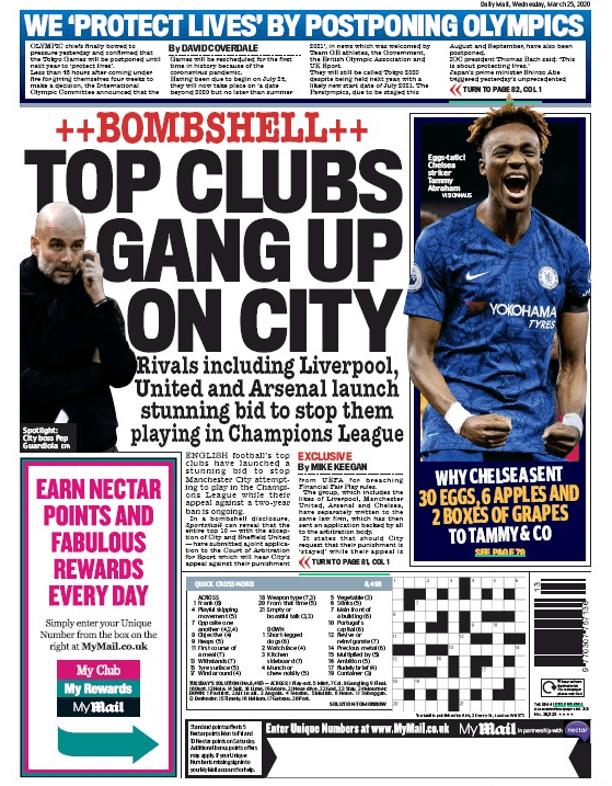Arsenal join with Liverpool and Manchester United to stop Manchester City getting back in Champions League 2 250320 daily mail stop city