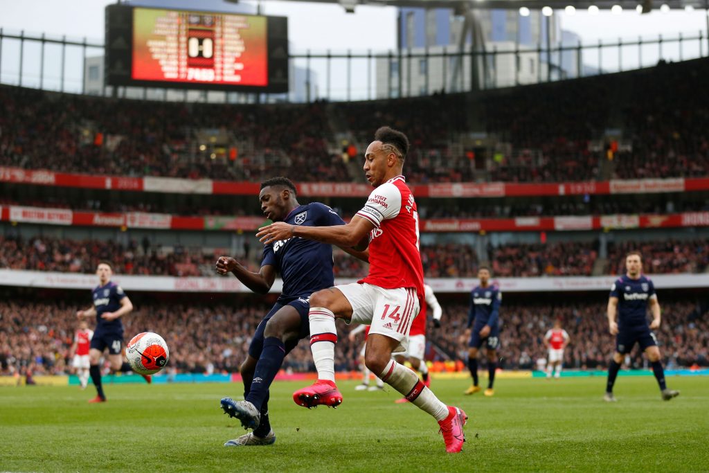 Sky Sports won't ask for money back if season cancelled 2 West Ham United's English midfielder Jeremy Ngakia (centre left) vies with Arsenal's Gabonese striker Pierre-Emerick Aubameyang during the English Premier League football match between Arsenal and West Ham at the Emirates Stadium in London on March 7, 2020.