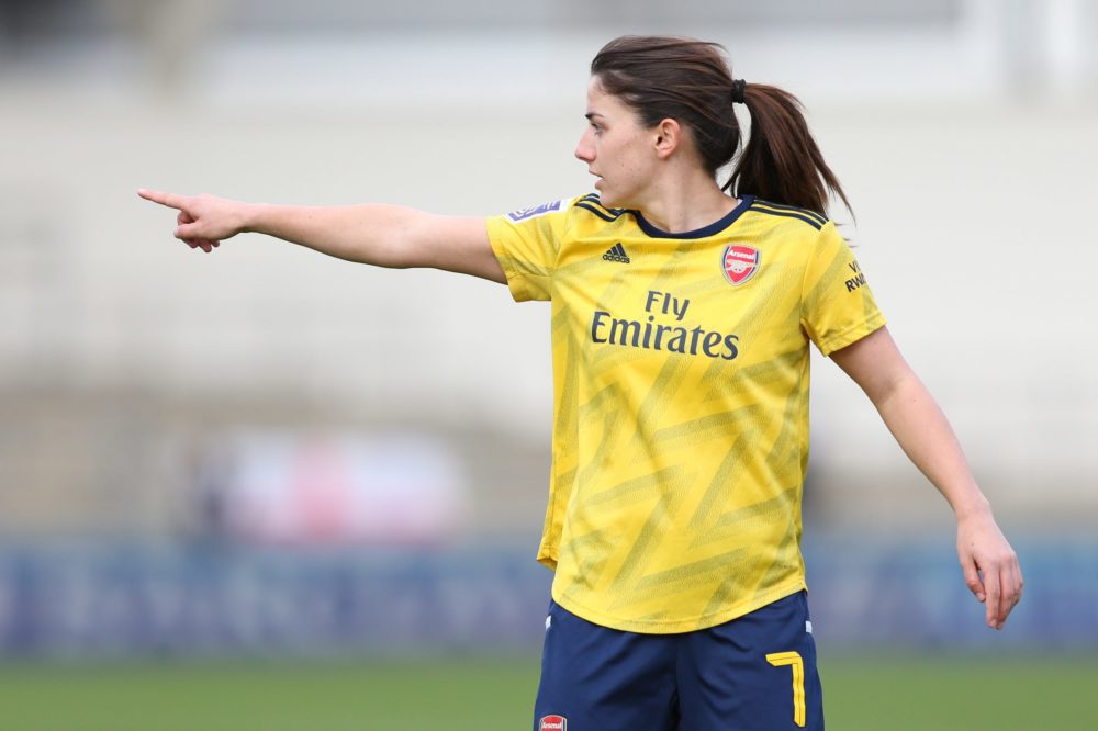 MANCHESTER, ENGLAND - FEBRUARY 02: Danielle Van De Donk of Arsenal reacts during the Barclays FA Women's Super League match between Manchester City...
