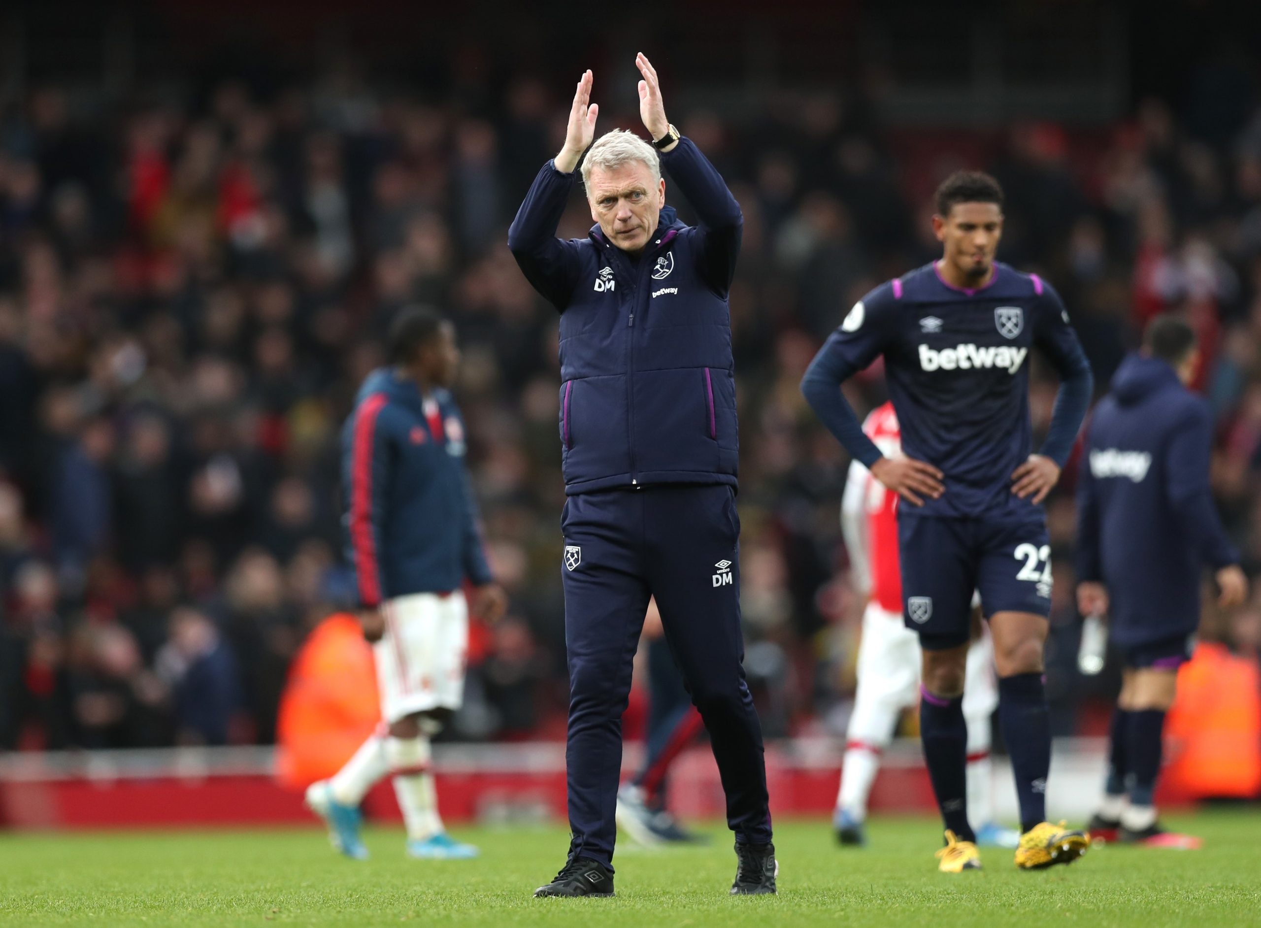 David Moyes, Manager of West Ham United applaud fans following his teams defeat in the Premier League match between Arsenal FC and West Ham United ...