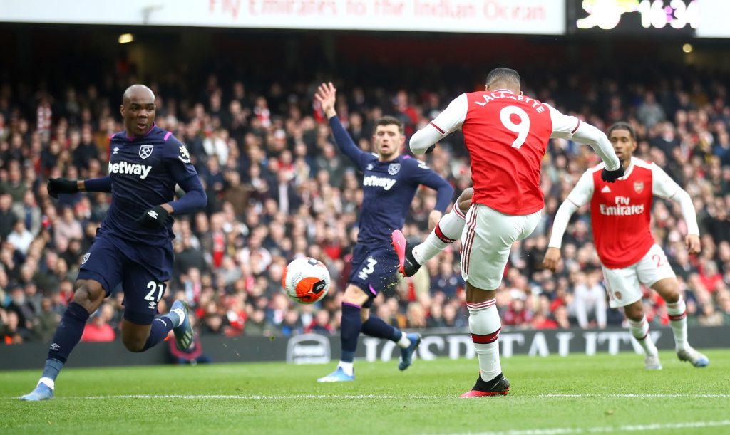 Crazy Alexandre Lacazette stat 2 Alexandre Lacazette of Arsenal scores his team's first goal during the Premier League match between Arsenal FC and West Ham United at Emirates Stadium on March 07, 2020 in London, United Kingdom.