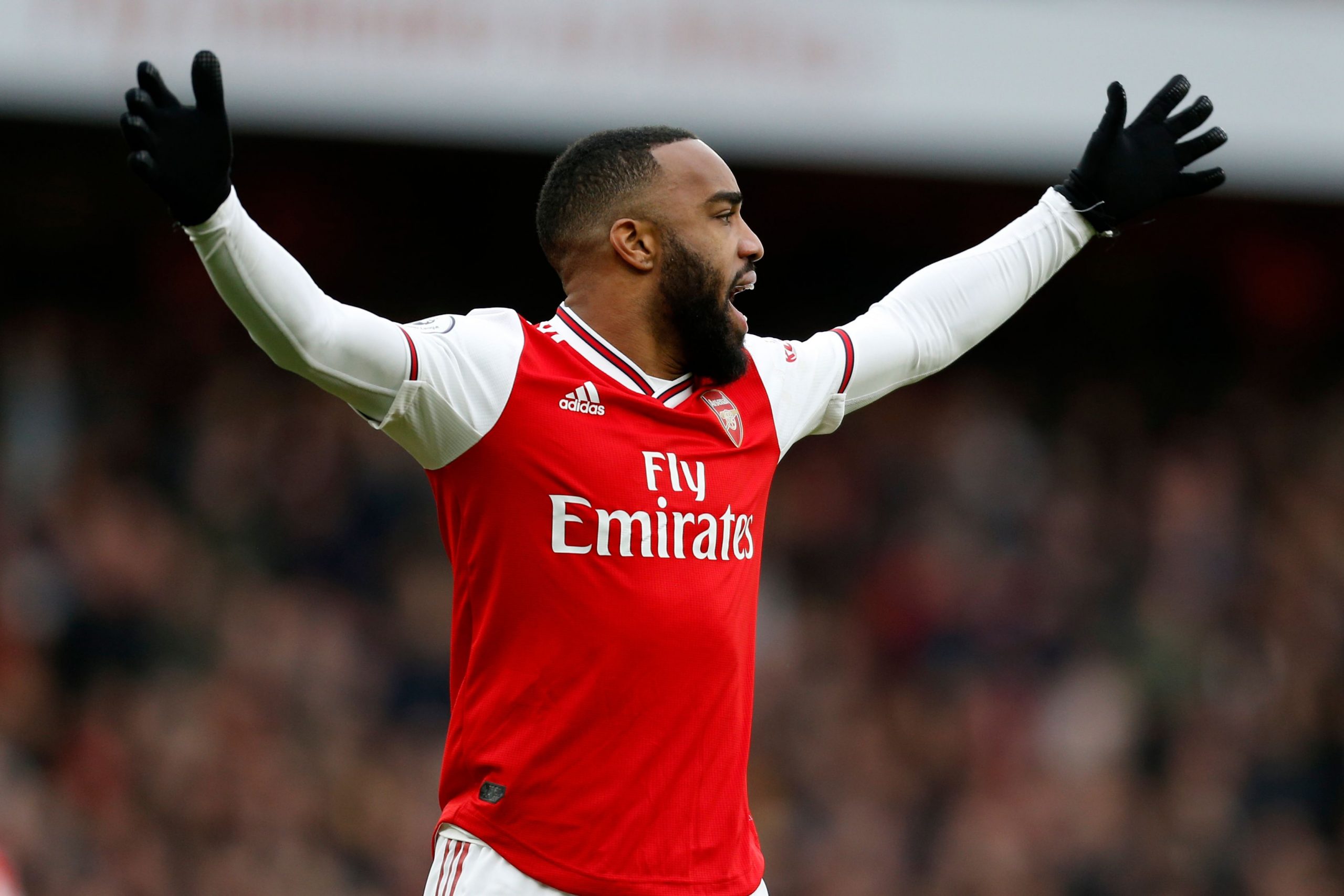Arsenal's French striker Alexandre Lacazette appeals to the referee during the English Premier League football match between Arsenal and West Ham a...