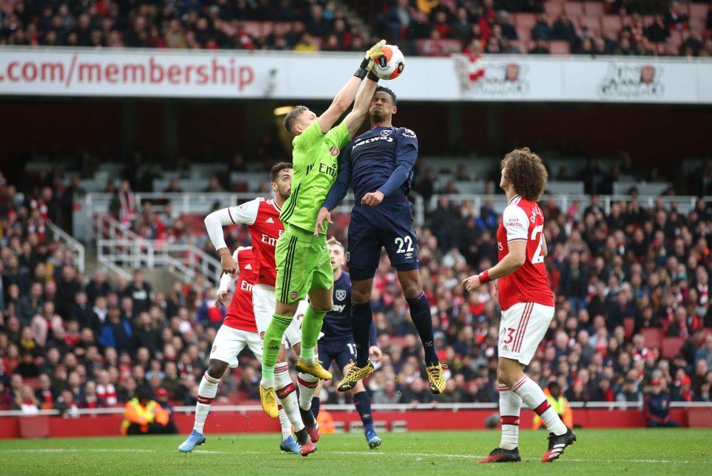 Arsenal announce Player of the Season runner up 2 Bernd Leno of Arsenal saves a header from Sebastien Haller of West Ham United during the Premier League match between Arsenal FC and West Ham United at Emirates Stadium on March 07, 2020 in London, United Kingdom.