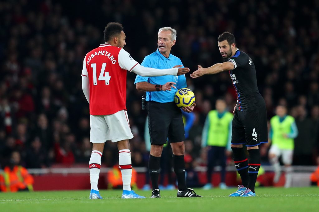 How is this fair? 3 referees get 50% of Arsenal games, 1 involved in 25% 2 Referee Martin Atkinson speaks with Pierre-Emerick Aubameyang of Arsenal and Luka Milivojevic of Crystal Palace during the Premier League match between Arsenal FC and Crystal Palace at Emirates Stadium on October 27, 2019 in London, United Kingdom.