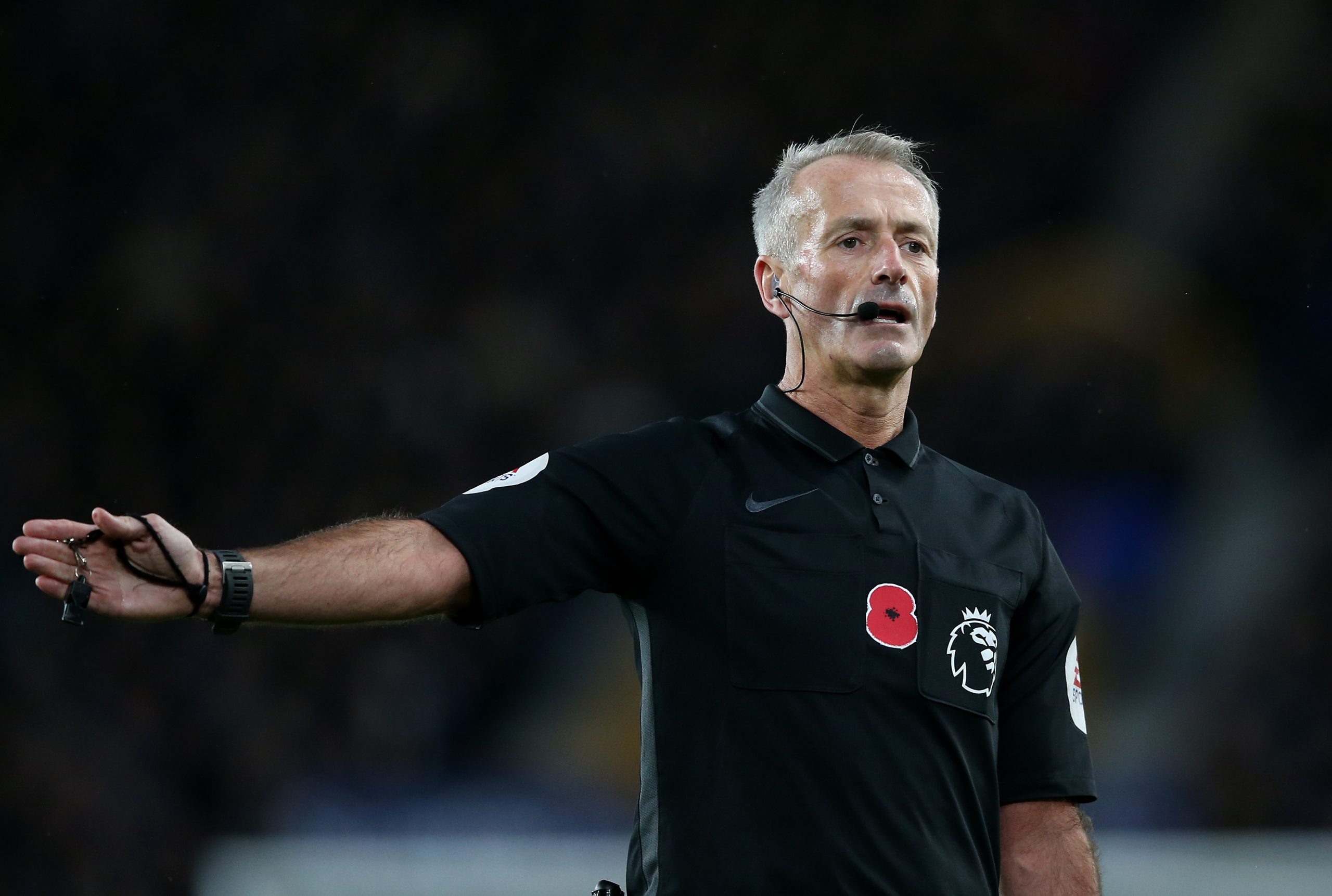 Referee Martin Atkinson during the Premier League match between Everton FC and Tottenham Hotspur at Goodison Park on November 03, 2019 in Liverpool...