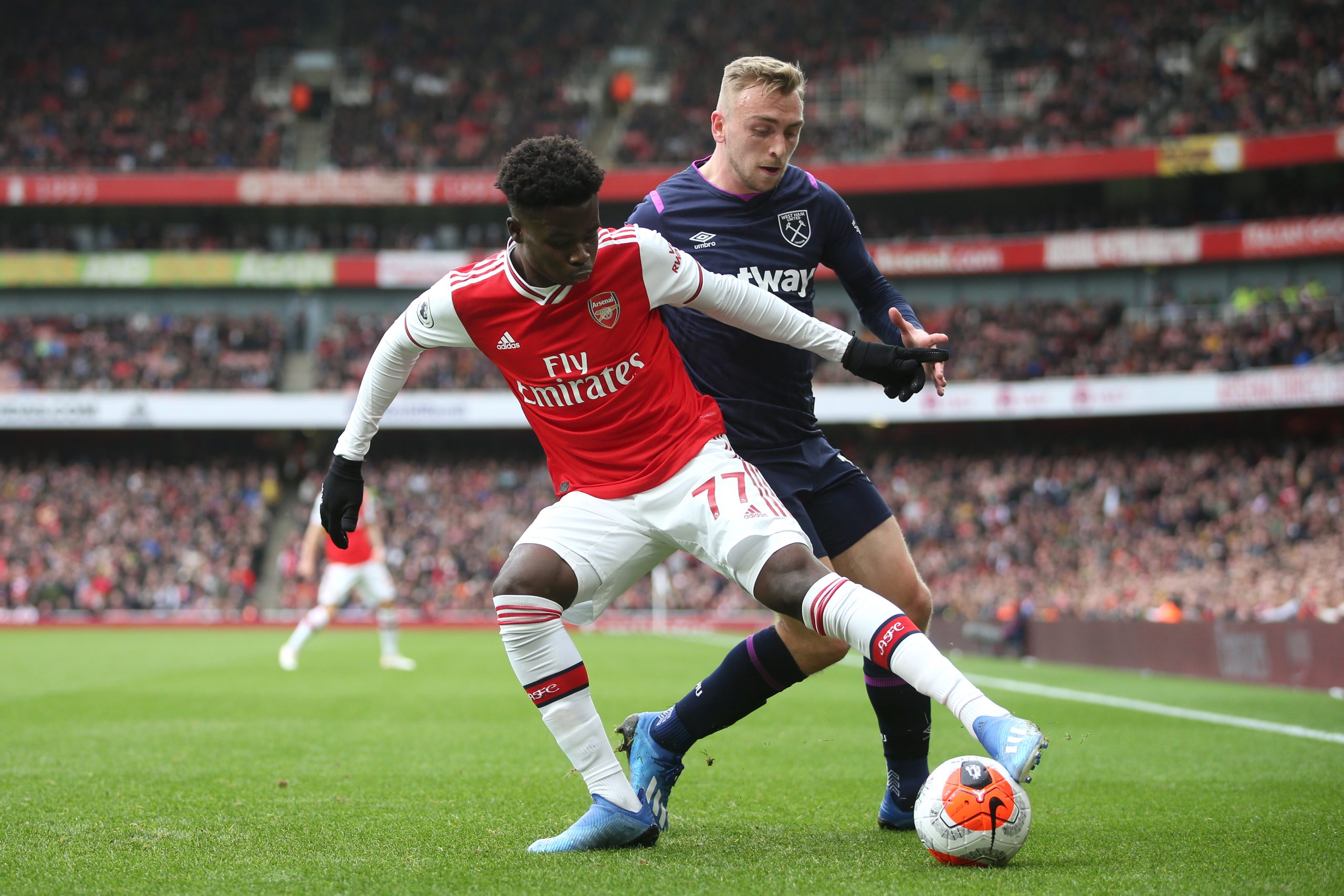 Arsenal can't force out-of-contract players to stay if season isn't finished 9 Bukayo Saka of Arsenal holds off Jarrod Bowen of West Ham United during the Premier League match between Arsenal FC and West Ham United at Emirates Stadium on March 07, 2020 in London, United Kingdom.