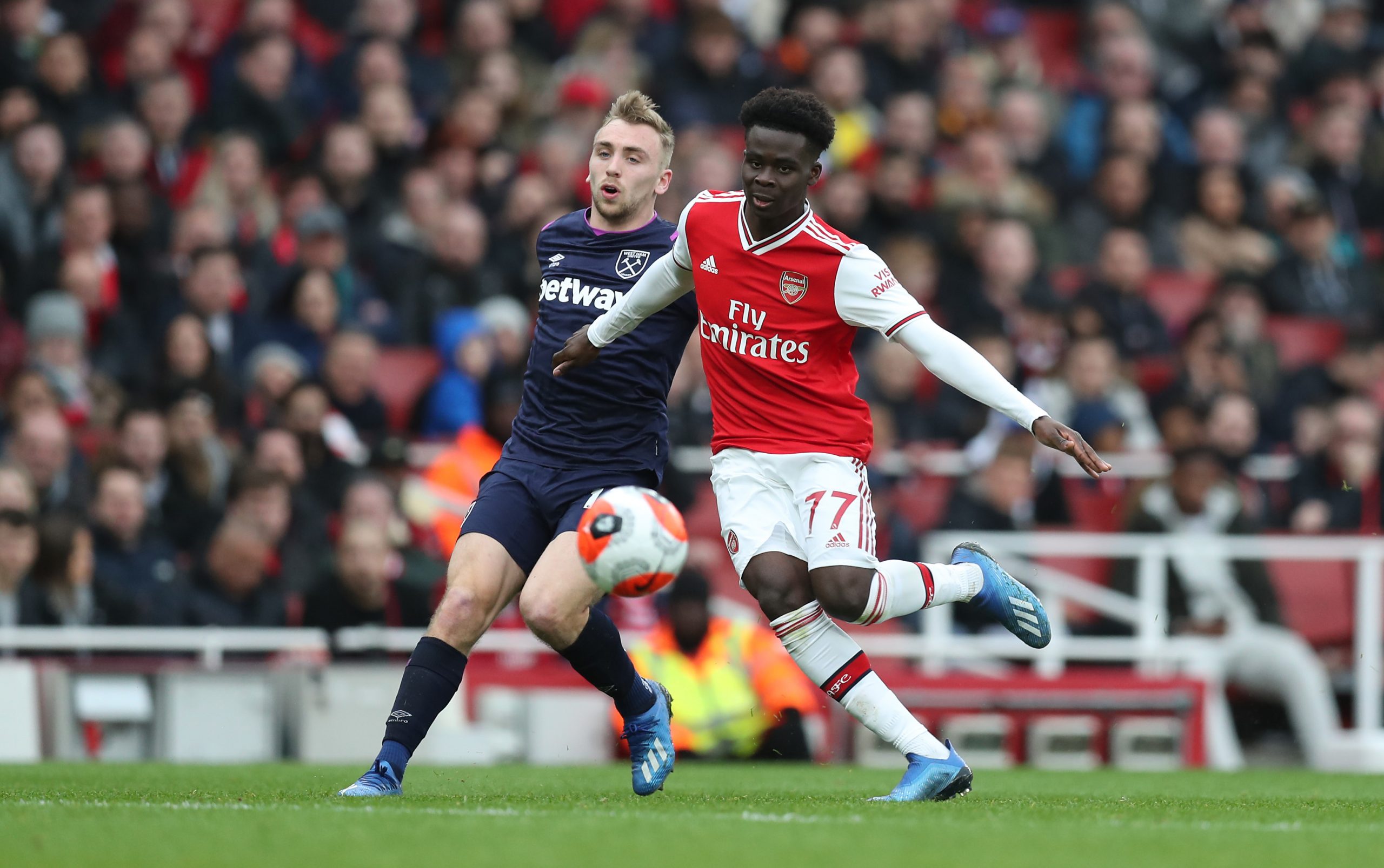 Bukayo Saka of Arsenal in action during the Premier League match between Arsenal FC and West Ham United at Emirates Stadium on March 07, 2020 in Lo...