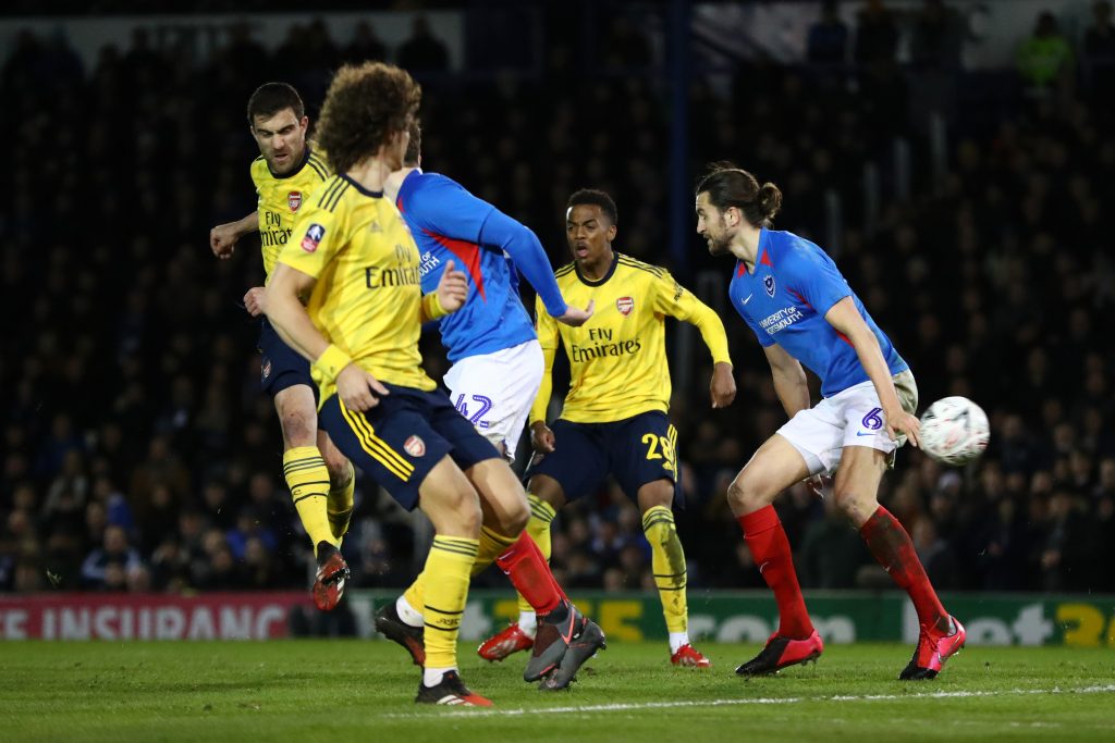Sokratis Papastathopoulos of Arsenal scores his team's first goal during the FA Cup Fifth Round match between Portsmouth FC and Arsenal FC at Fratton Park on March 02, 2020 in Portsmouth, England.