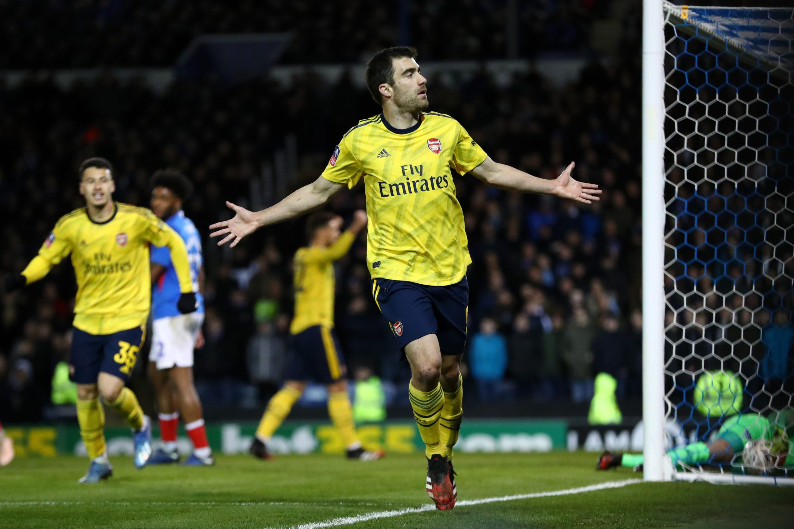 Sokratis: Injury or transferitis? 2 Sokratis Papastathopoulos of Arsenal celebrates after scoring his team's first goal during the FA Cup Fifth Round match between Portsmouth FC and Arsenal FC at Fratton Park on March 02, 2020 in Portsmouth, England.