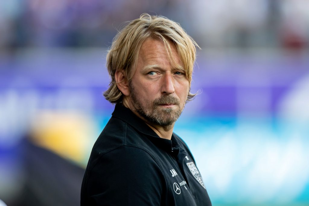 Director sports Sven Mislintat of Stuttgart reacts prior the Second Bundesliga match between FC Erzgebirge Aue and VfB Stuttgart at Erzgebirgsstadion on August 23, 2019 in Aue, Germany.