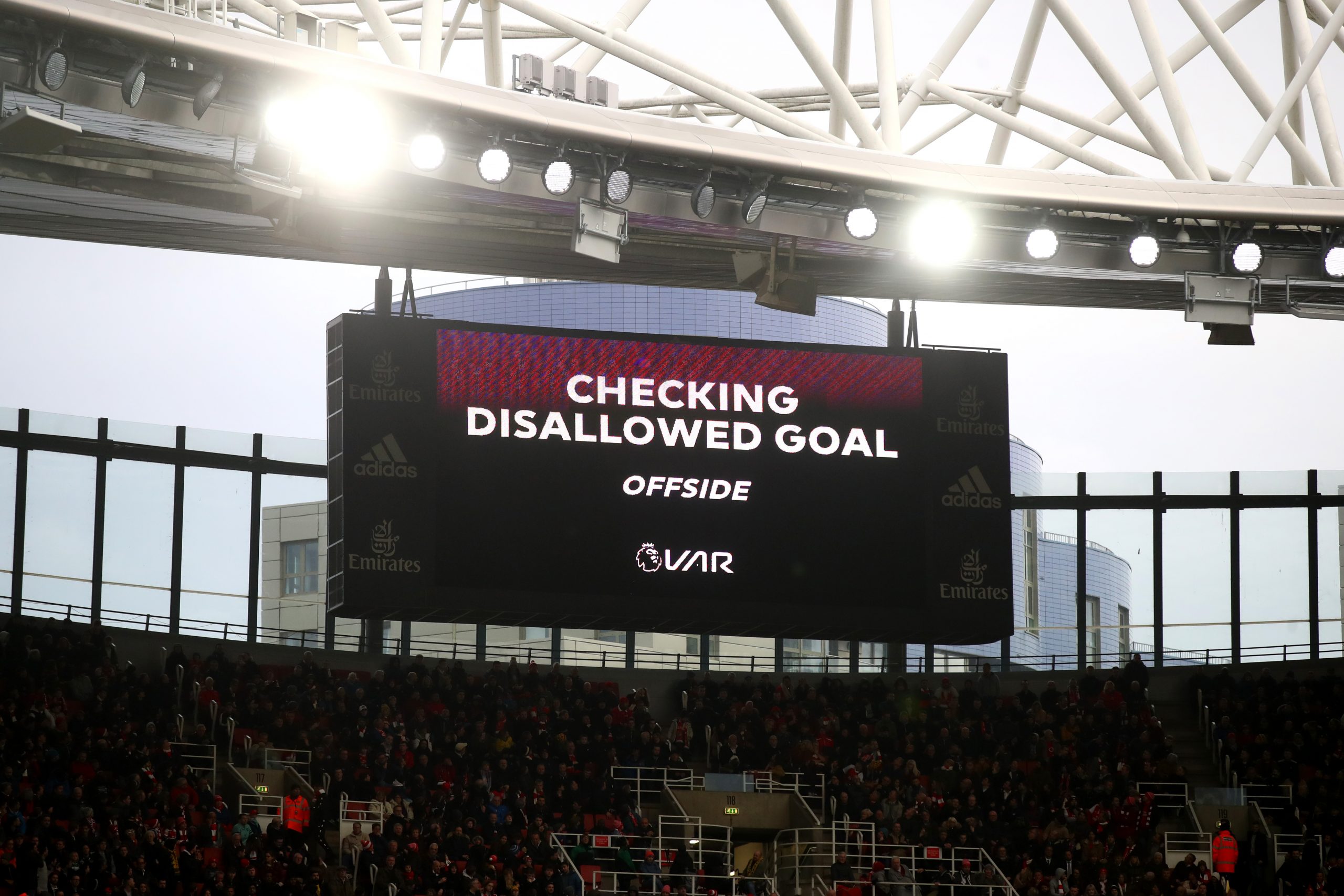 Arsenal and Liverpool urged to stop public VAR complaints 2 A message regarding a VAR review for disallowed goal is displayed on the LED screen in the stadium during the Premier League match between Arsenal FC and West Ham United at Emirates Stadium on March 07, 2020 in London, United Kingdom.