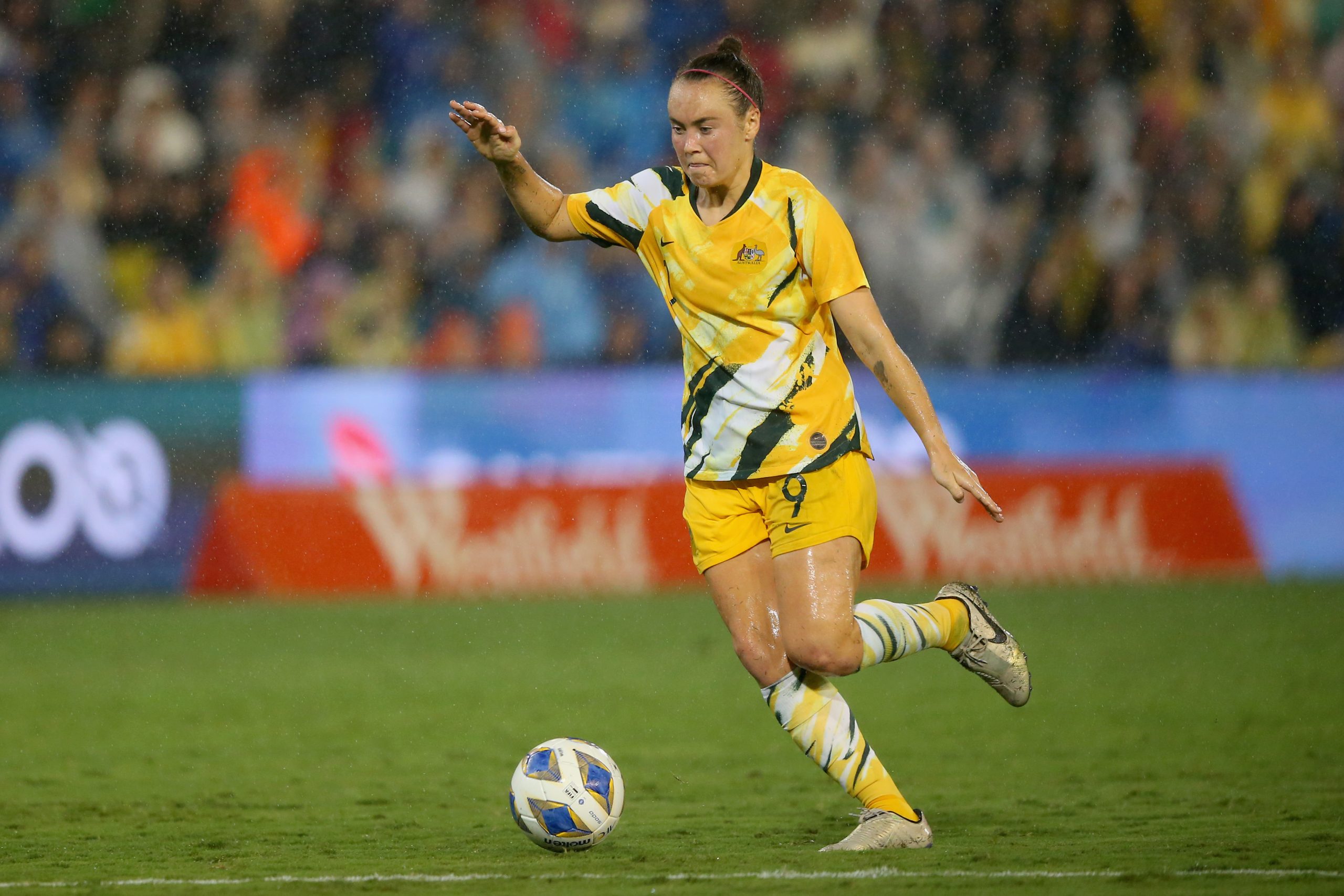 NEWCASTLE, AUSTRALIA - MARCH 06: Caitlin Foord of the Australian Matildas in action during the Women's Olympic Football Tournament Play-Off match b...