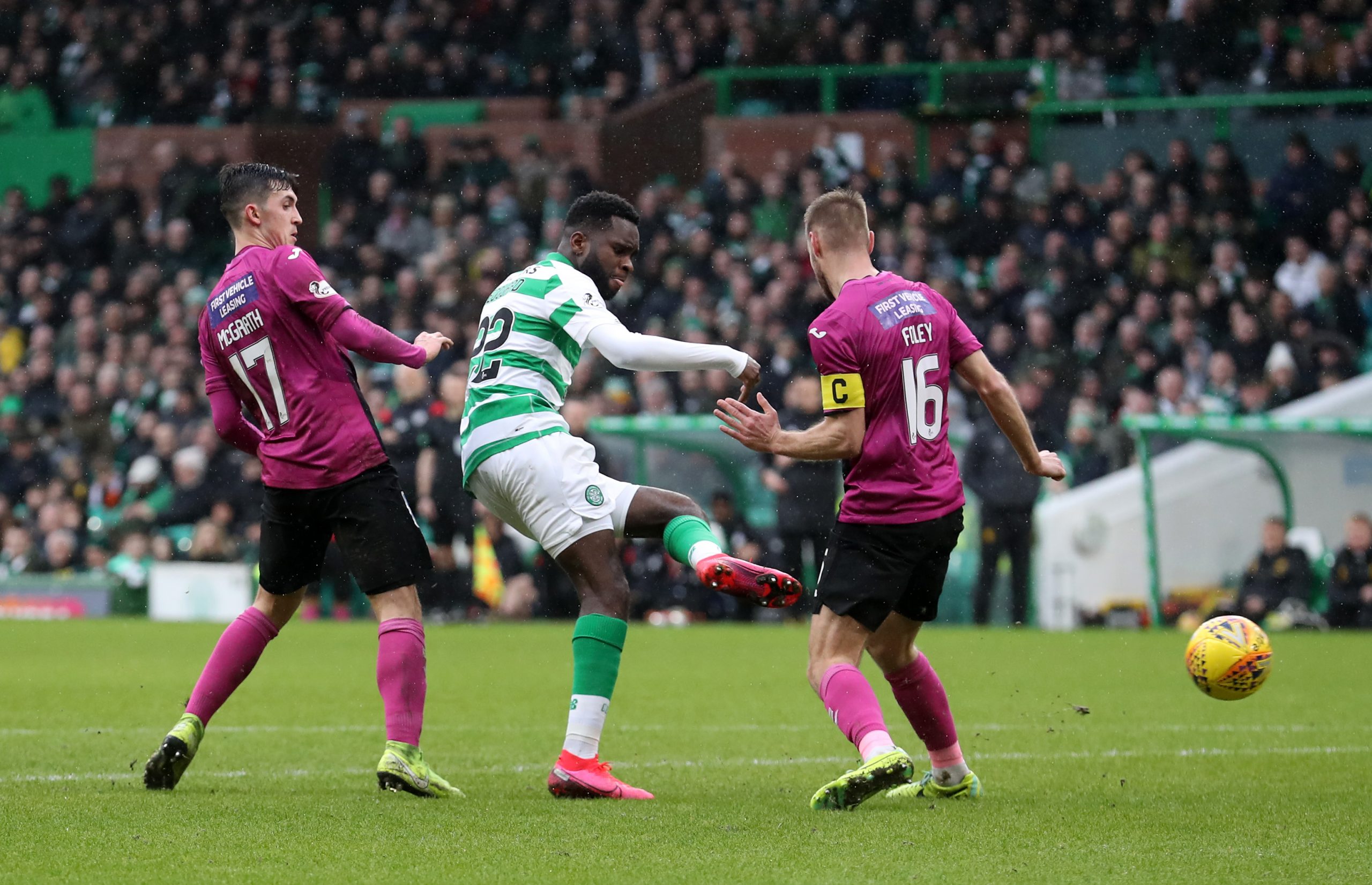 GLASGOW, SCOTLAND - MARCH 07: Odsonne Edouard of Celtic scores his team's third goal during the Ladbrokes Premiership match between Celtic and St. ...