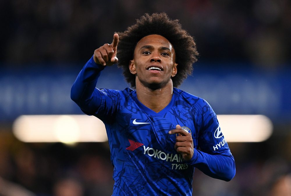LONDON, ENGLAND - MARCH 03: Willian of Chelsea celebrates after scoring his sides first goal during the FA Cup Fifth Round match between Chelsea FC...