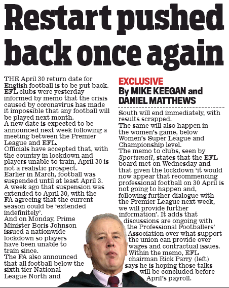 Premier League return date to be pushed back 3 Daily Mail 27 March 2020