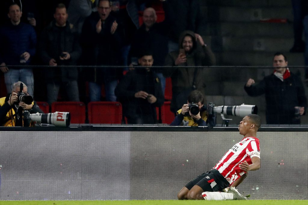 Arsenal targeting Denzel Dumfries as summer signing 2 PSV's Denzel Dumfries celebrates after scoring a goal during the Dutch Eredivisie match PSV vs Willem II in Eindhoven, The Netherlands, on February 8, 2020. (Photo by Maurice van STEEN / ANP / AFP via Getty Images)