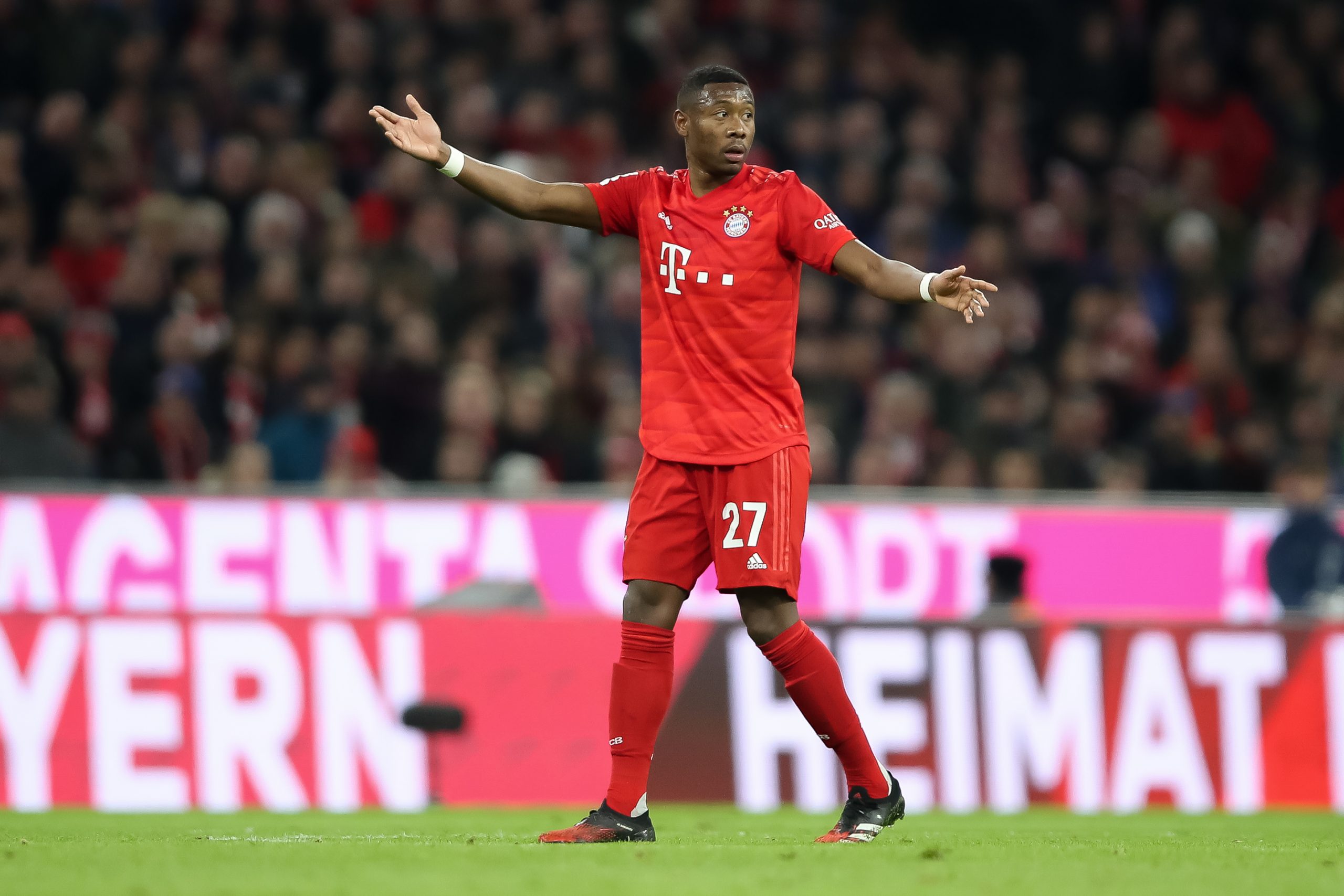 MUNICH, GERMANY - FEBRUARY 09: David Alaba of FC Bayern Muenchen reacts during the Bundesliga match between FC Bayern Muenchen and RB Leipzig at Al...