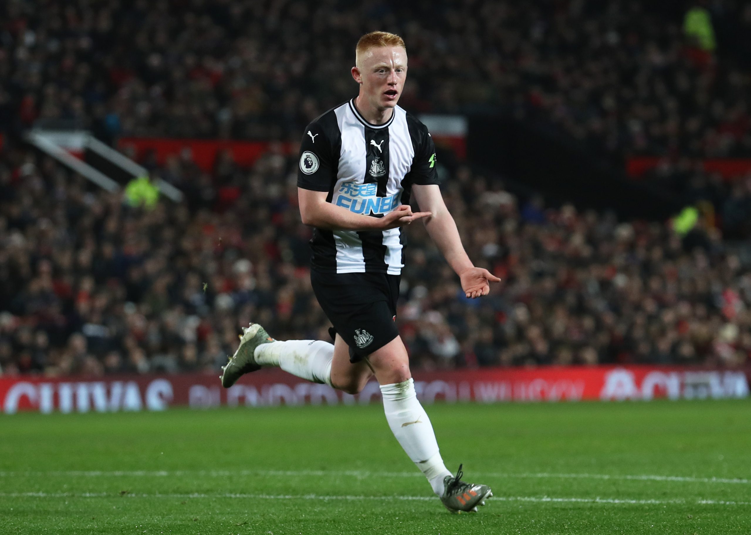 MANCHESTER, ENGLAND - DECEMBER 26: Matthew Longstaff of Newcastle United celebrates scoring his team's first goal during the Premier League match b...