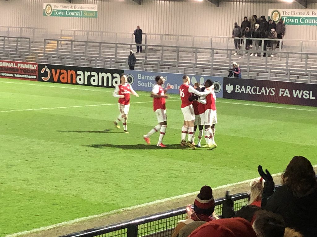 Arsenal u23s celebrate their winning goal against Monaco II