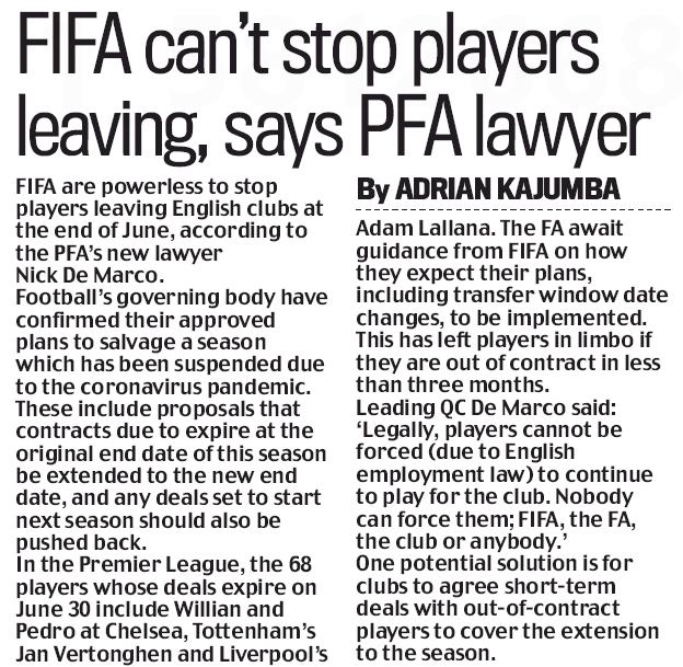 Arsenal can't force out-of-contract players to stay if season isn't finished 3 200411 daily mail player contracts