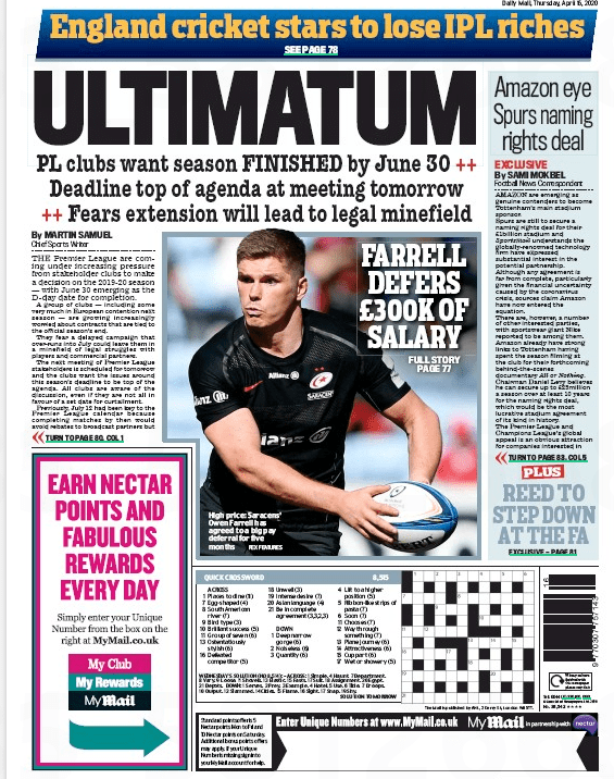 Clubs want Premier League finished by end of June 3 201604 daily mail backpage