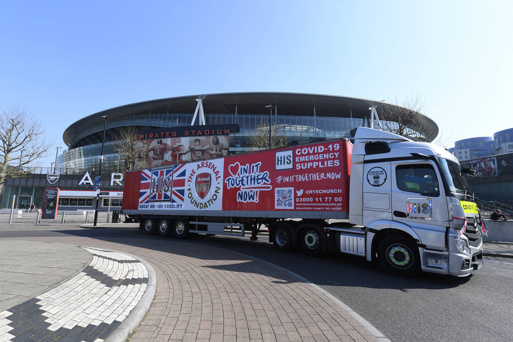 LONDON, ENGLAND - APRIL 09: The Arsenal Foundation And HIS Church Deliver Food Parcels for Local Residents at Emirates stadium on April 09, 2020 in...