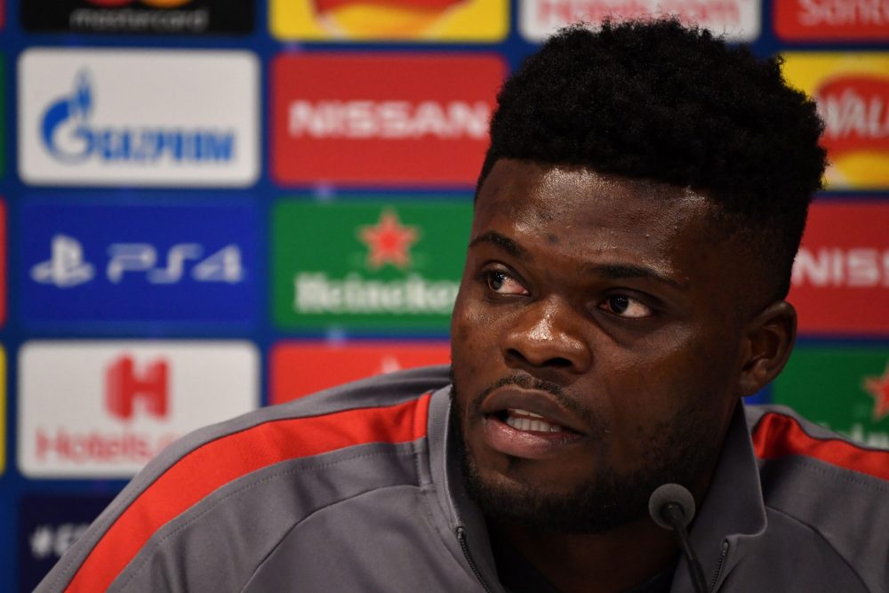 Atletico Madrid's Ghanaian midfielder Thomas Partey attends a press conference at Anfield stadium in Liverpool, north west England on March 10, 202...
