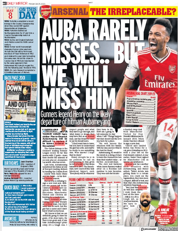Thierry Henry: I can't tell Auba to stay, but I want him to 2 080520 daily mirror henry auba