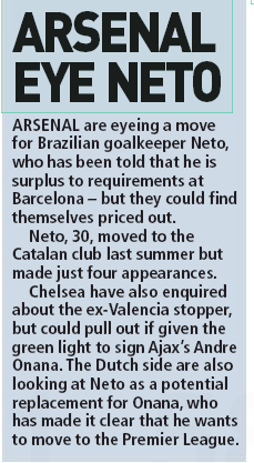 Arsenal and Chelsea want unwanted Barcelona Brazilian 3 Sunday People 17 May 2020, ARSENAL are eyeing a move for Brazilian goalkeeper Neto, who has been told that he is surplus to requirements at Barcelona – but they could find themselves priced out. Neto, 30, moved to the Catalan club last summer but made just four appearances. Chelsea have also enquired about the ex-valencia stopper, but could pull out if given the green light to sign Ajax’s Andre Onana. The Dutch side are also looking at Neto as a potential replacement for Onana, who has made it clear that he wants to move to the Premier League.
