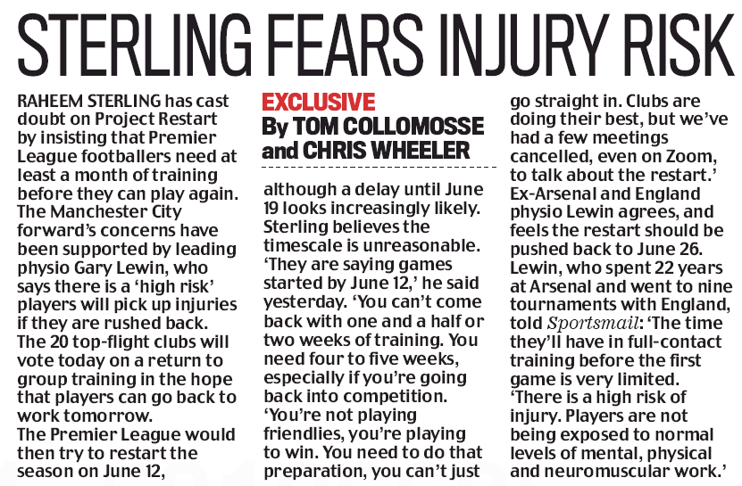 Former Arsenal physio calls on Premier League to push back restart 3 20518 daily mail sterling lewin