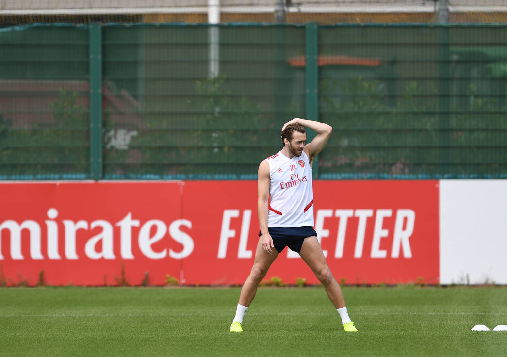 ST ALBANS, ENGLAND - MAY 26: of Arsenal during a training session at London Colney on May 26, 2020 in St Albans, England. (Photo by Stuart MacFarla...