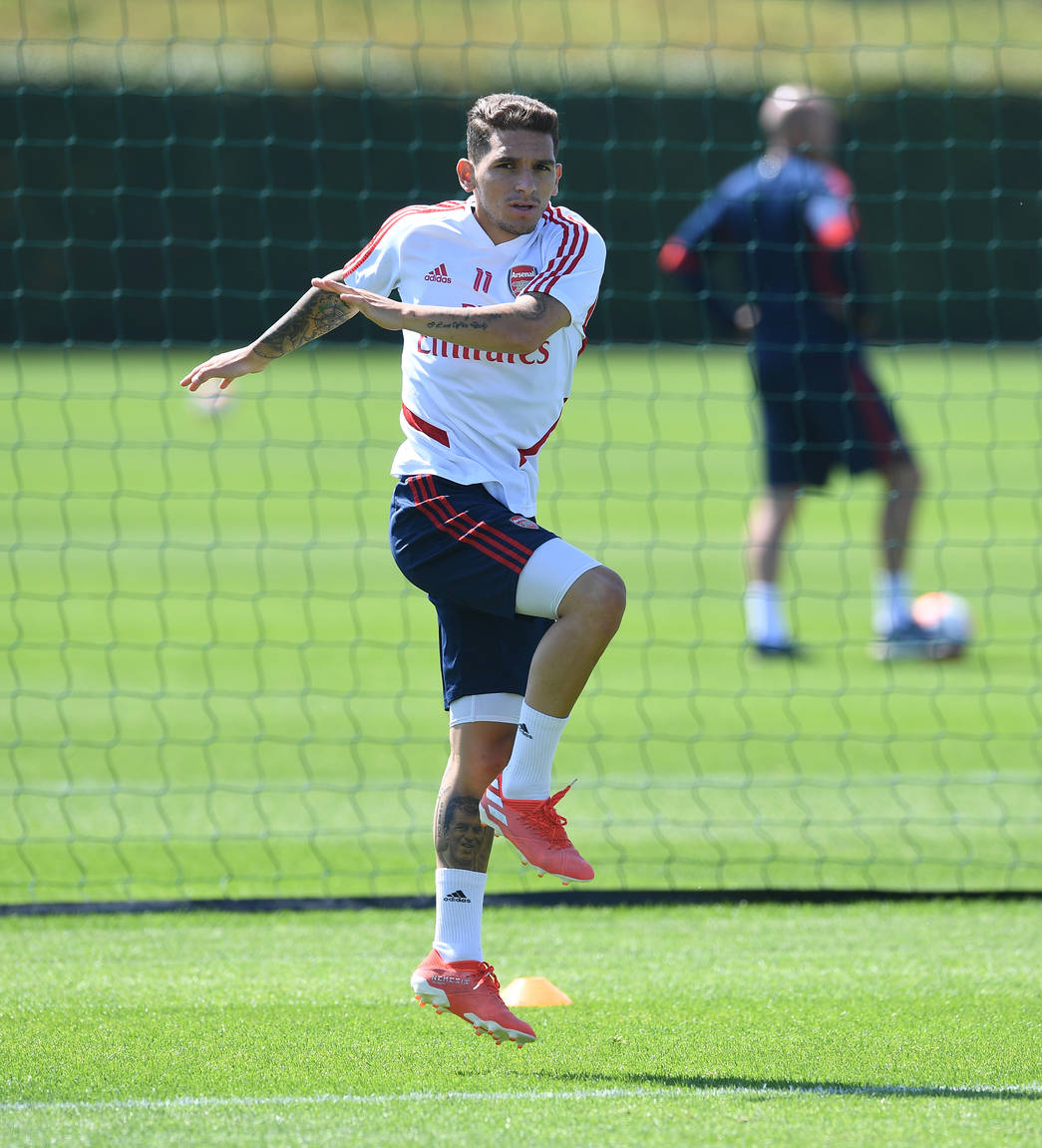ST ALBANS, ENGLAND - MAY 30: Lucas Torreira of Arsenal during a training session at London Colney on May 30, 2020 in St Albans, England. (Photo by ...