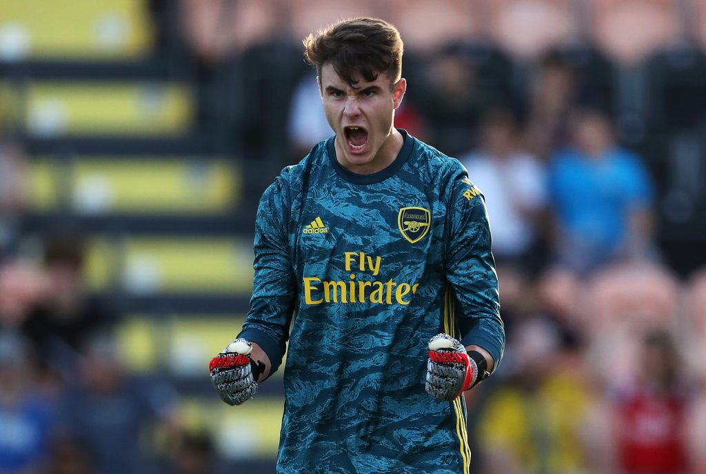 BARNET, ENGLAND - JULY 24: James Hillson of Arsenal celebrates his sides first goal during the Pre-Season Friendly match between Barnet and Arsenal at The Hive on July 24, 2019 in Barnet, England. (Photo by Jack Thomas/Getty Images)