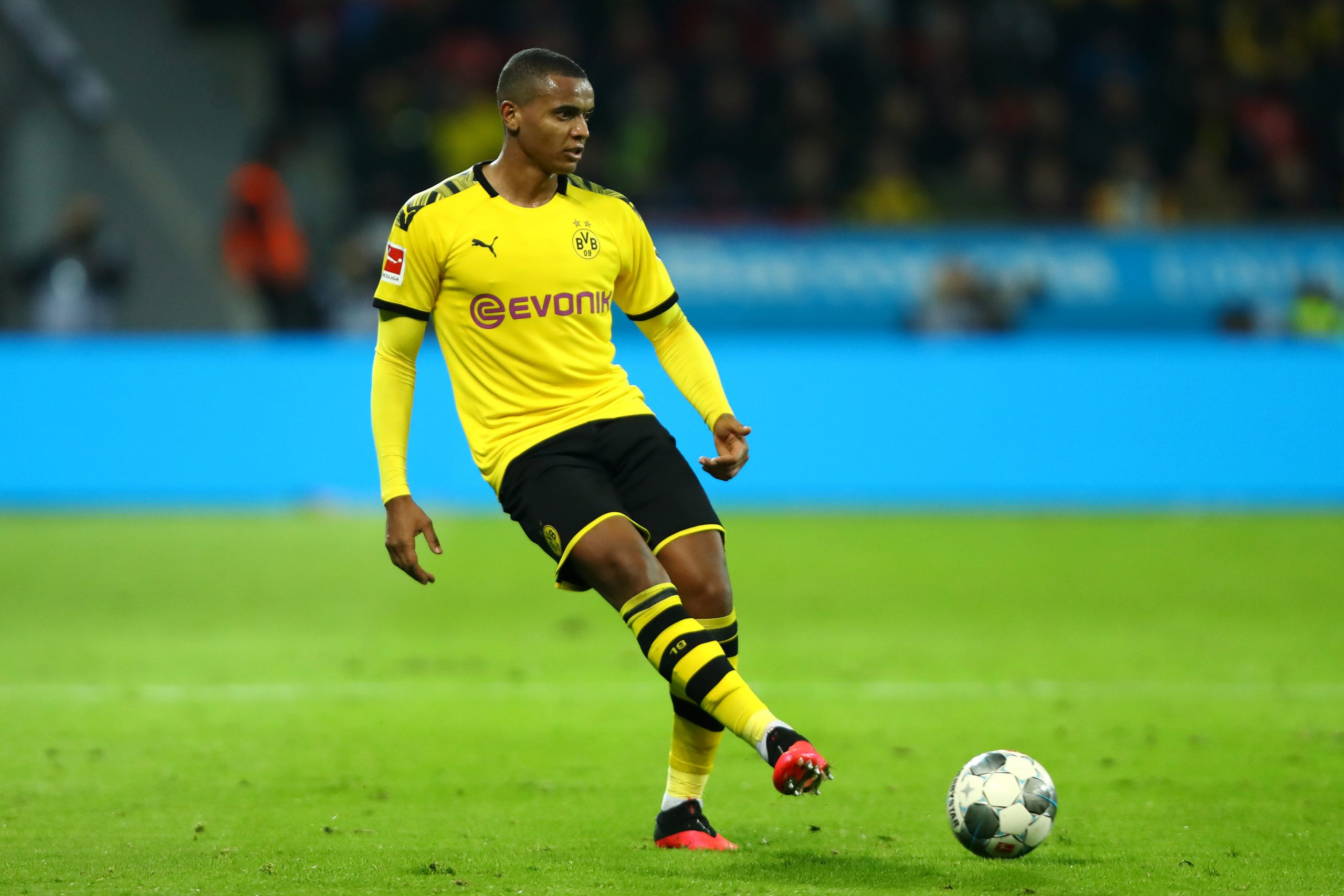 LEVERKUSEN, GERMANY - FEBRUARY 08: Manuel Akanji of Borussia Dortmund in action during the Bundesliga match between Bayer 04 Leverkusen and Borussi...