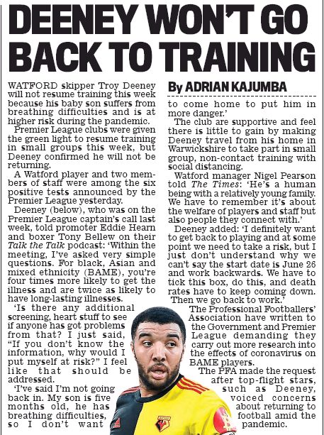 Arsenal return to training but more Watford players go into isolation 3 daily mail troy deeney