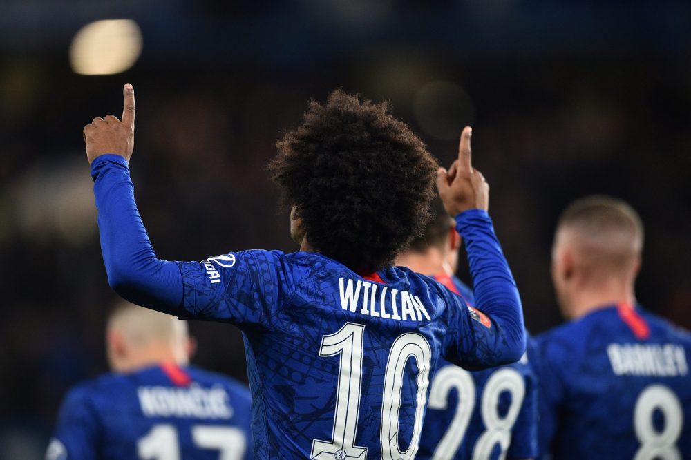 Chelsea's Brazilian midfielder Willian celebrates scoring the opening goal during the English FA Cup fifth round football match between Chelsea and Liverpool at Stamford Bridge in London on March 3, 2020. (Photo by Glyn KIRK / AFP)