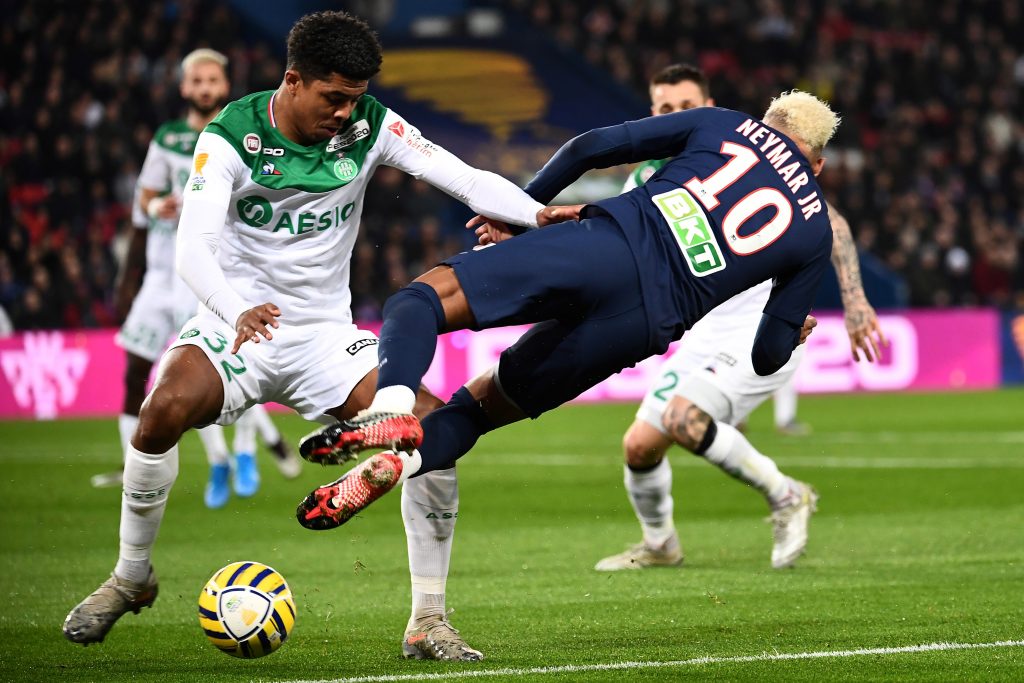 Arsenal interested in Saint-Etienne's Wesley Fofana 2 Paris Saint-Germain's Brazilian forward Neymar (R) falls as he vies for the ball with Saint-Etienne's French defender Wesley Fofana (L) during the French League cup final quarter match between Paris Saint-Germain (PSG) and AS Saint Etienne at the Parc des Princes stadium in Paris on January 8, 2020. (Photo by Anne-Christine POUJOULAT / AFP) (Photo by ANNE-CHRISTINE POUJOULAT/AFP via Getty Images)