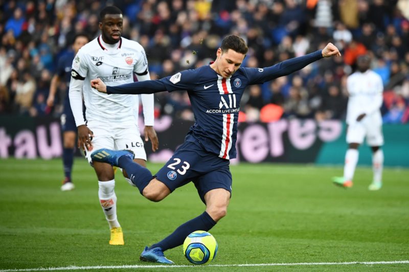 Paris Saint-Germain's German midfielder Julian Draxler kicks the ball during the French L1 football match between Paris Saint-Germain (PSG) and Dij...