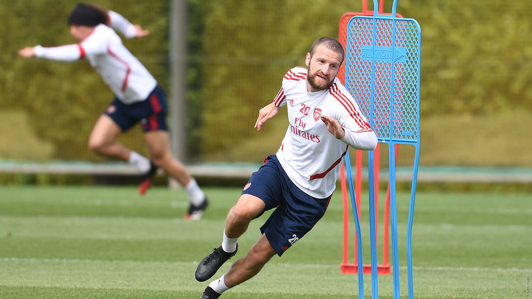 Shkodran Mustafi in training with Arsenal (Photo via Arsenal.com)