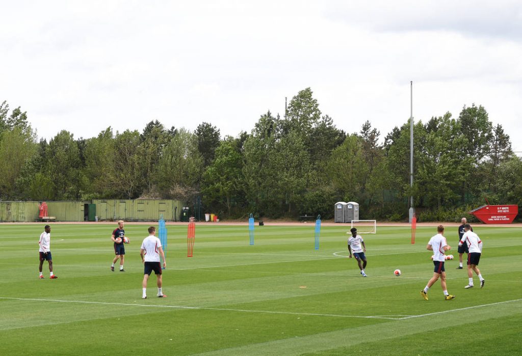 ST ALBANS, ENGLAND - MAY 22: Arsenal during a training session at London Colney on May 22, 2020 in St Albans, England. (Photo by Stuart MacFarlane/Arsenal FC via Getty Images)