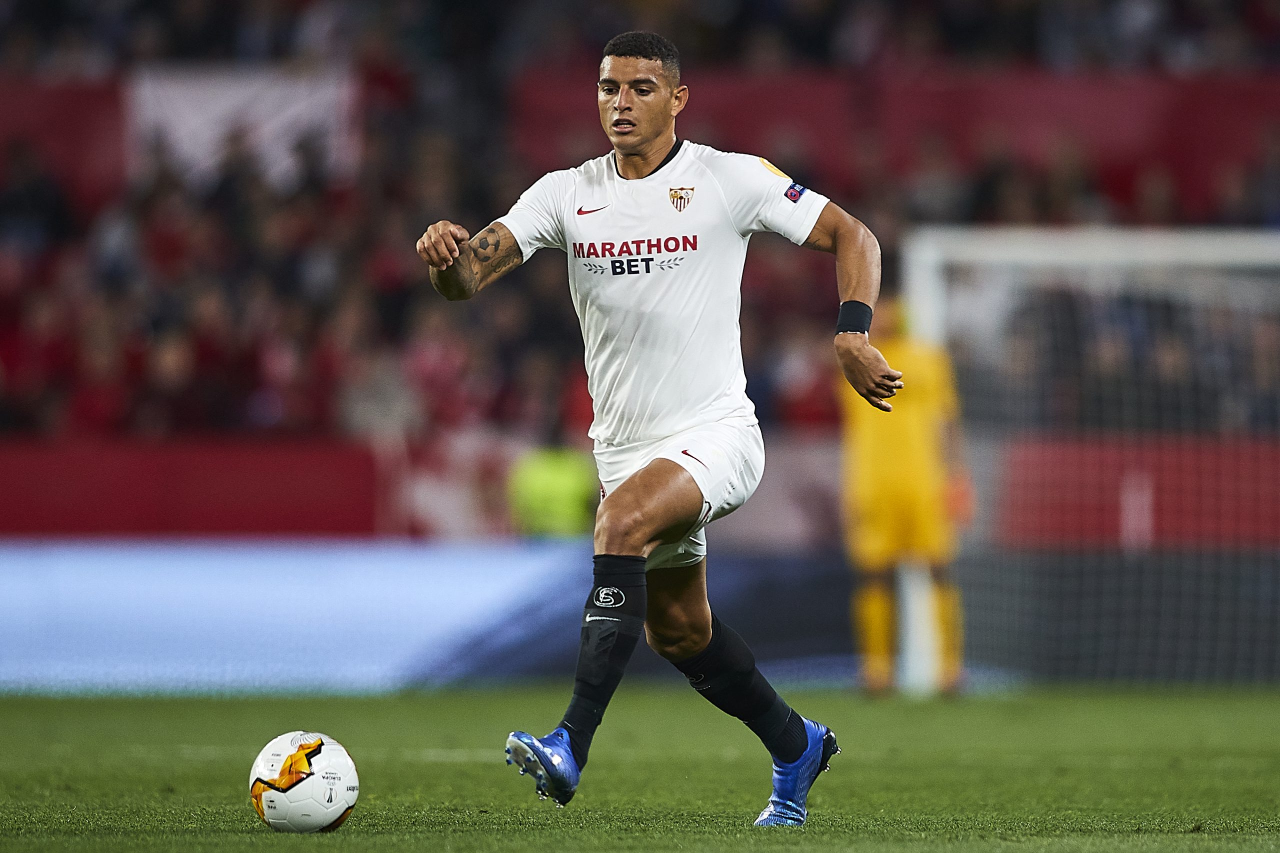 SEVILLE, SPAIN - FEBRUARY 27: Diego Carlos of Sevilla FC in action during the UEFA Europa League round of 32 second leg match between Sevilla FC an...